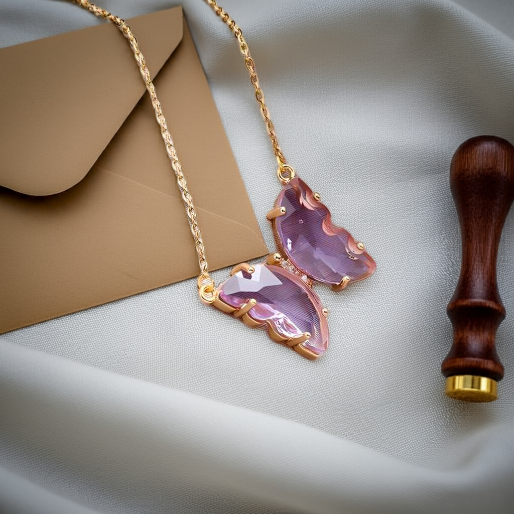A gold-plated necklace with a stylish butterfly pendant, featuring multicolor (purple and pink) accents on a chain, displayed against a pink fabric background.
